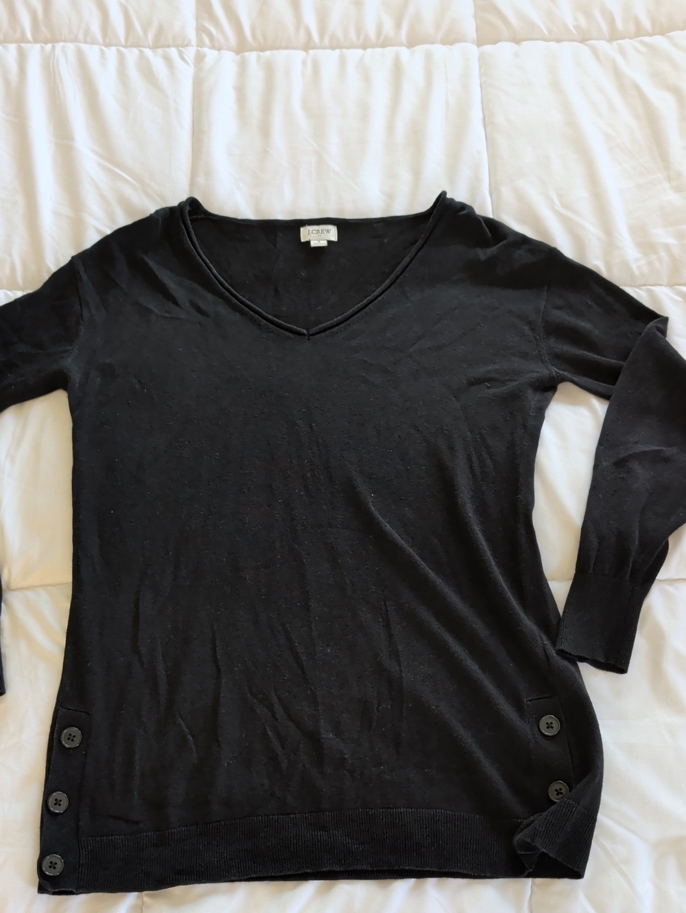 J. Crew Black V-Neck Long Sleeve Sweater with Side Button Detail